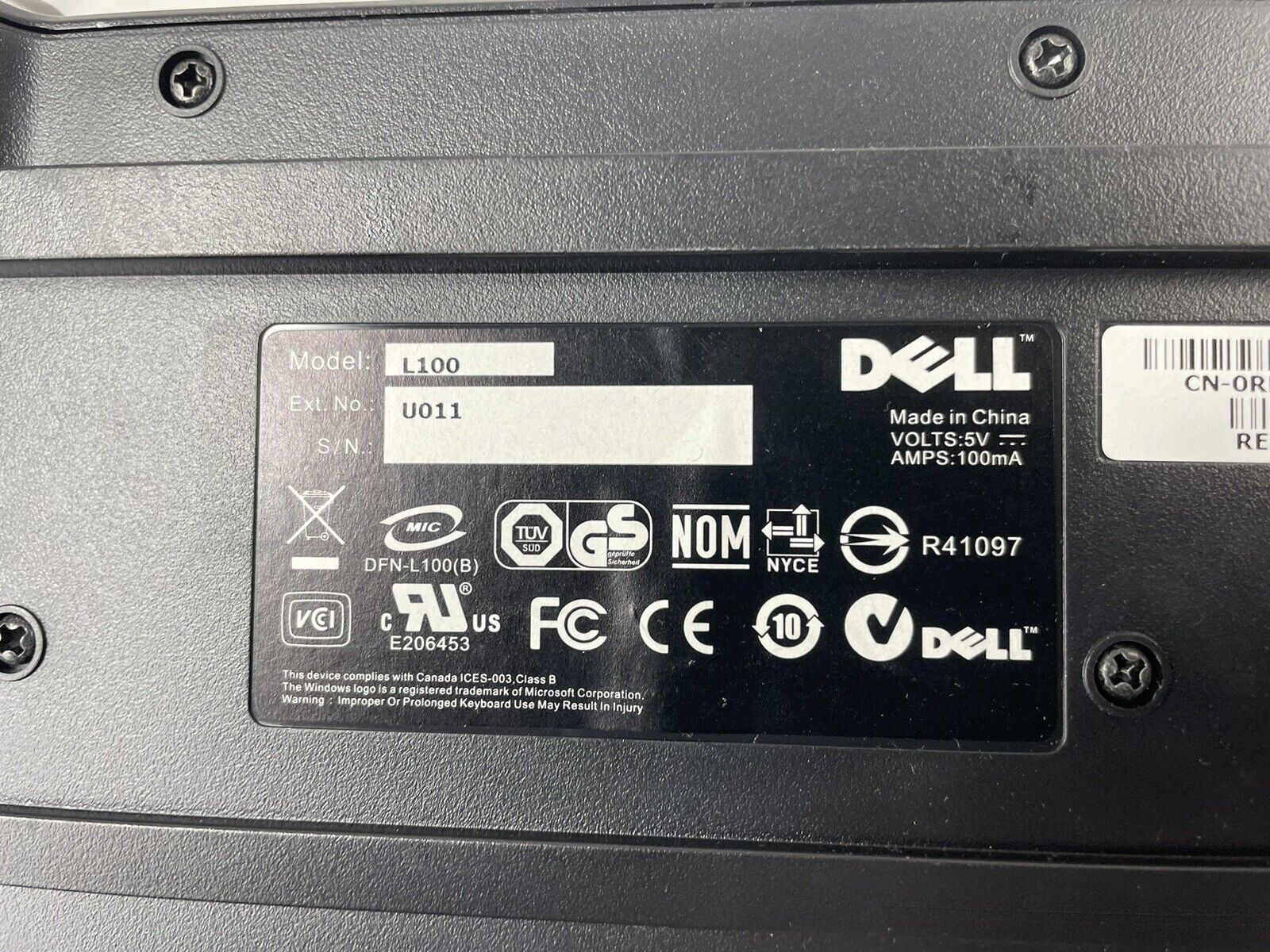 Dell L100 Keyboard U011 with USB Cable Lot of 4