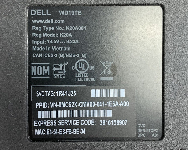 Dell WD19TB Thunderbolt USB-C Docking Station - No AC Adapter