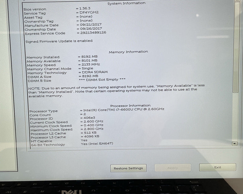 Dell Latitude E7470 14" i7-6600U 2.60 GHz 8 GB RAM No SSD/OS/AC/Batt