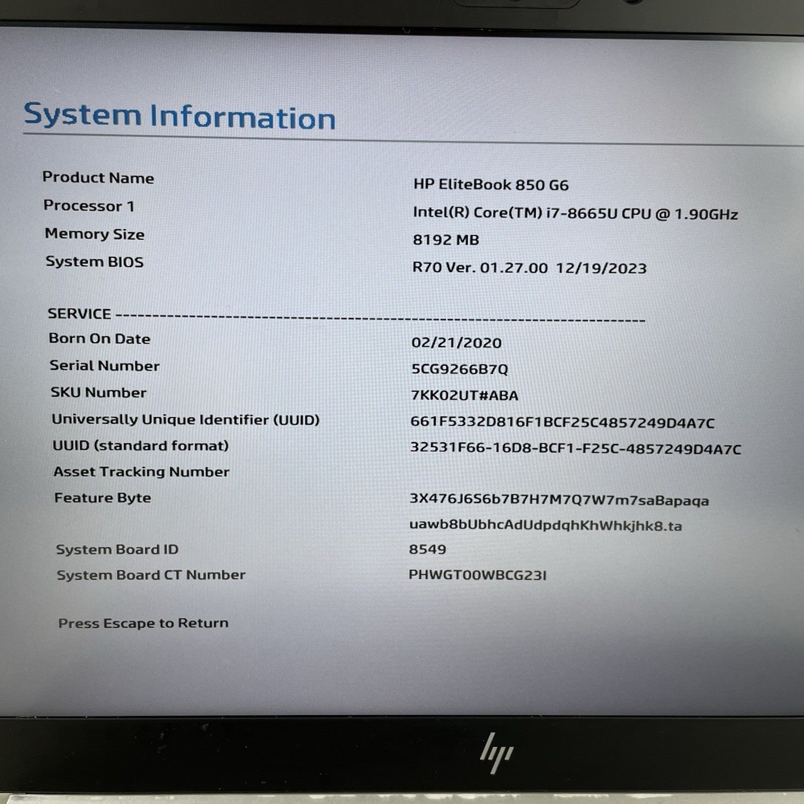 HP EliteBook 850 G6 15.6" i7-8665U 1.90 GHz 8 GB RAM No SSD/OS/AC - READ4