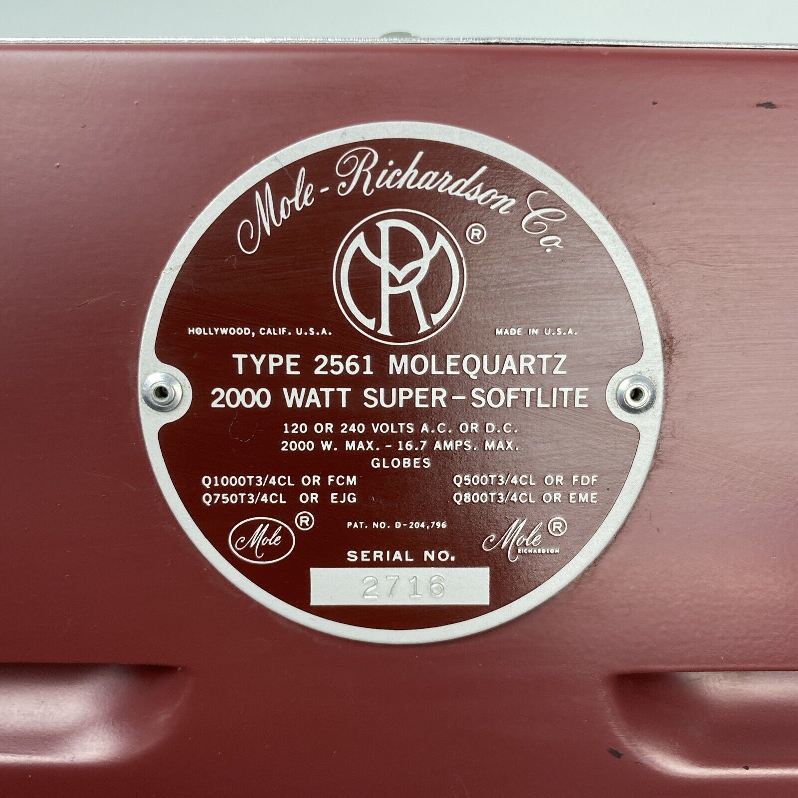 MOLE-RICHARDSON CO. TYPE 2561 MOLEQUARTZ 2000 WATT SUPER-SOFTLITE