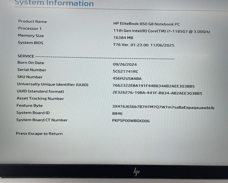 HP EliteBook 850 G8 15.6" i7-1185G7 3.00 GHz 16 GB RAM No SSD/OS/AC