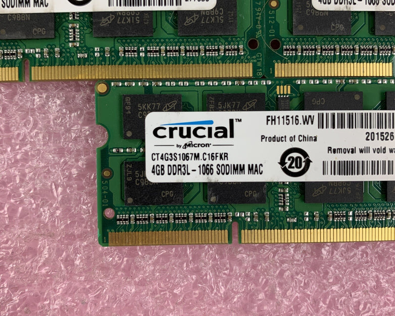 Crucial CT4G3S1067M.C16FKR 4 GB DDR3-1066 PC3-8500S 2Rx8 Laptop Lot of 5x