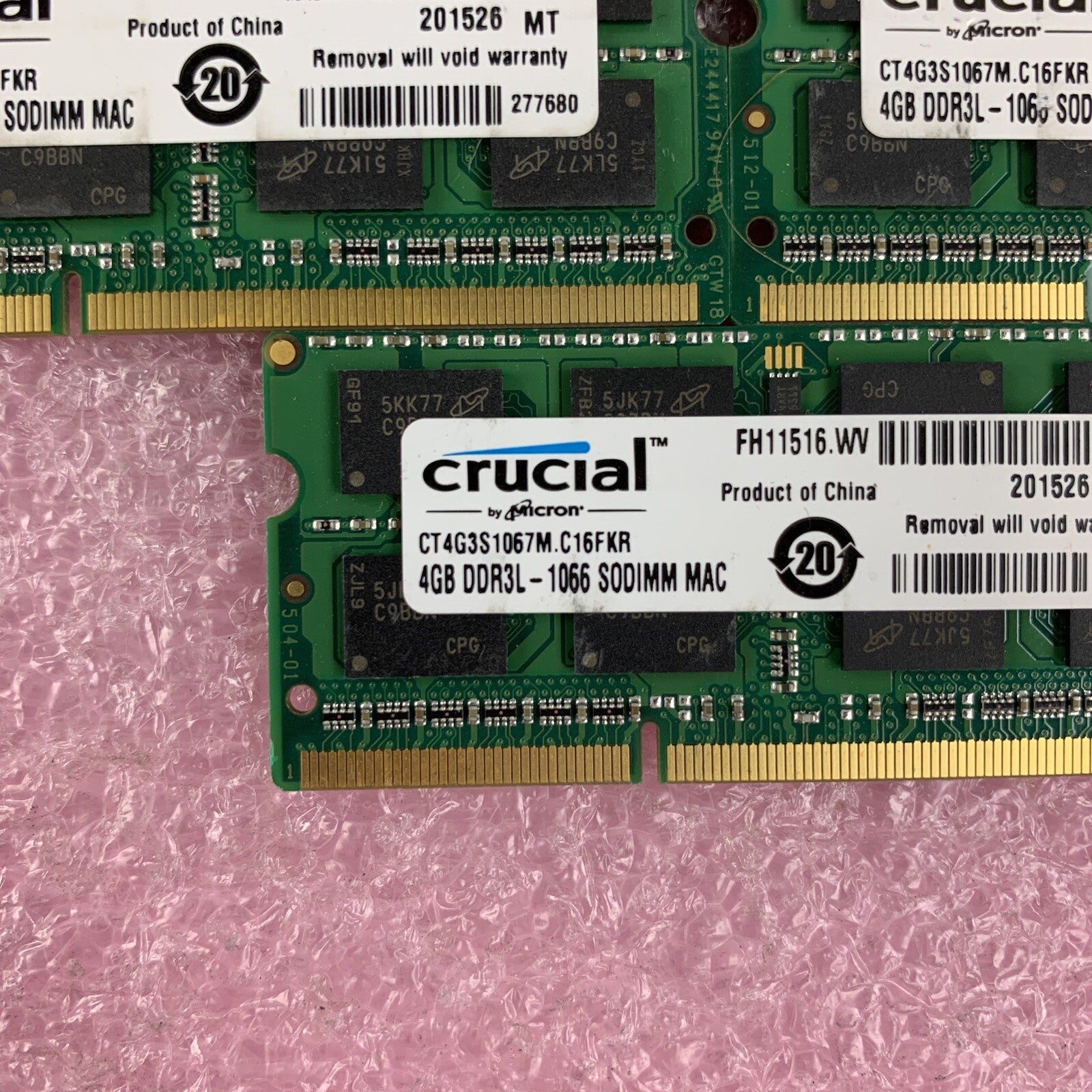 Crucial CT4G3S1067M.C16FKR 4 GB DDR3-1066 PC3-8500S 2Rx8 Laptop Lot of 5x