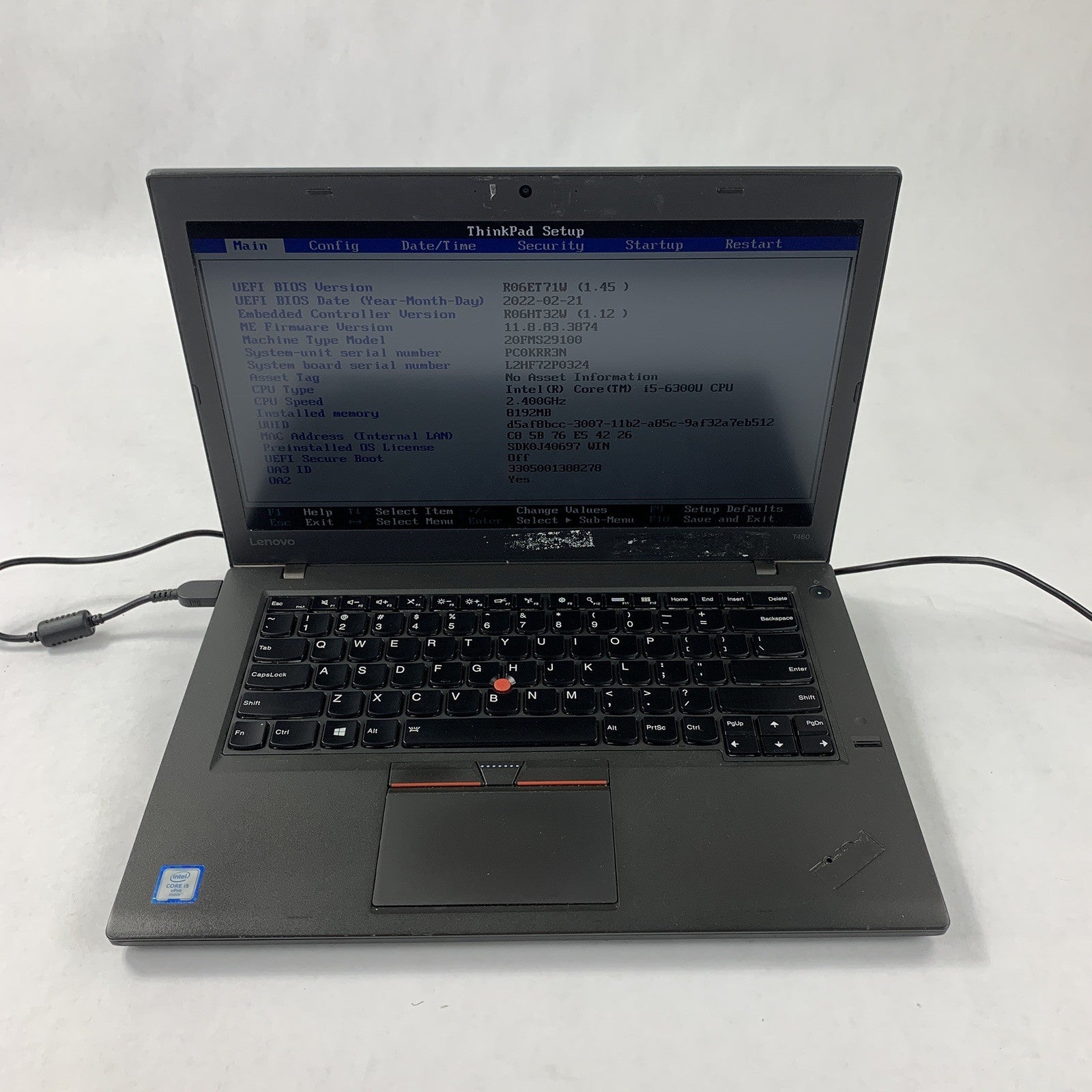 Lenovo Thinkpad T460 Core i5-6300U 2.4 GHz 8 GB Ram No OS No HDD No AC