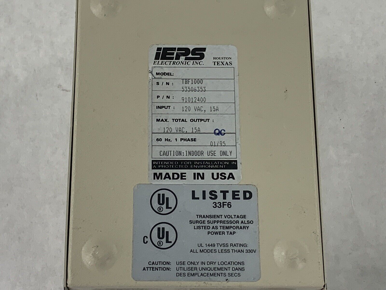 IEPS Electronic Surge Protector TBF1000 91012400 120V 15A 4 Outlets