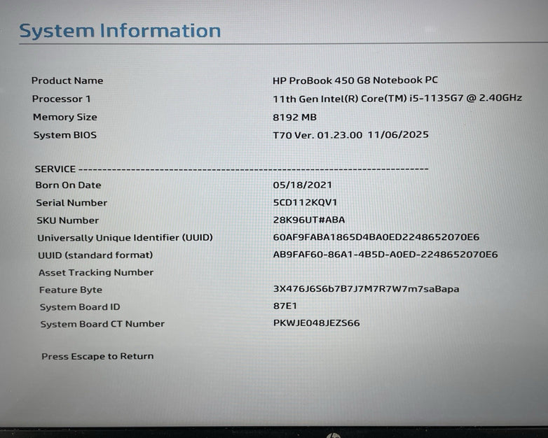HP ProBook 450 G8 15.6" i5-1135G7 2.40 GHz 8 GB RAM No SSD/OS/AC - Bad Bottom