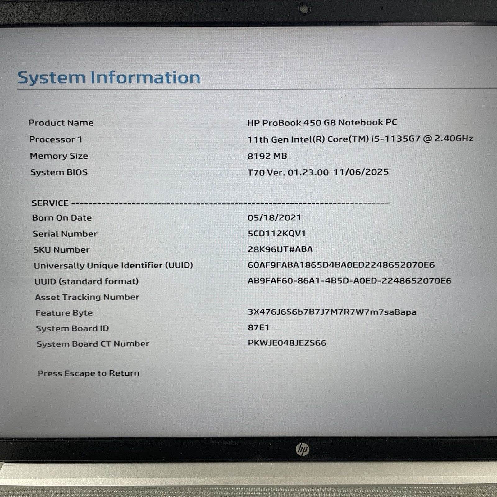 HP ProBook 450 G8 15.6" i5-1135G7 2.40 GHz 8 GB RAM No SSD/OS/AC - Bad Bottom2