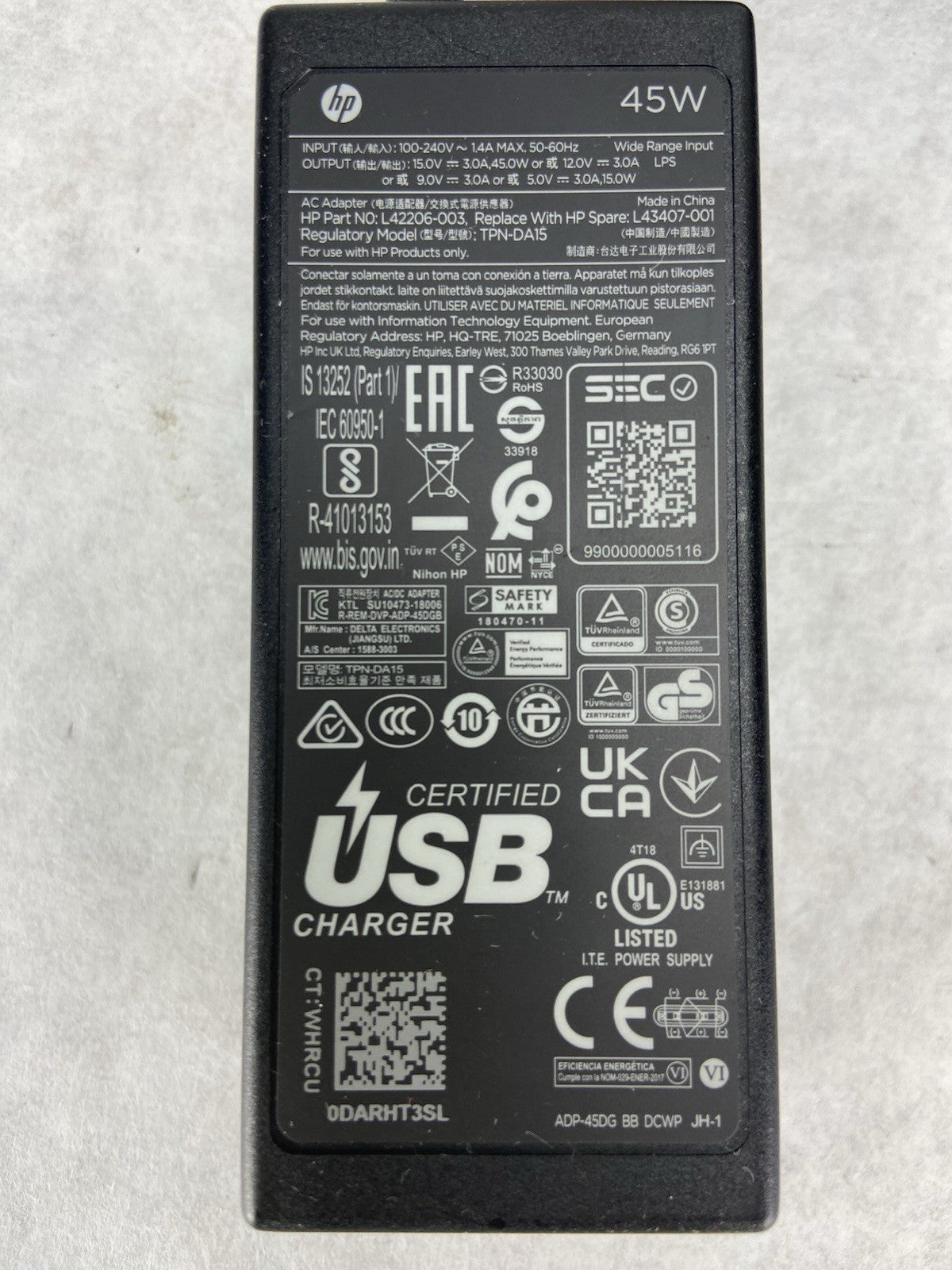 HP Charger 45W USB-C 9.0V Part Number: L42206-003