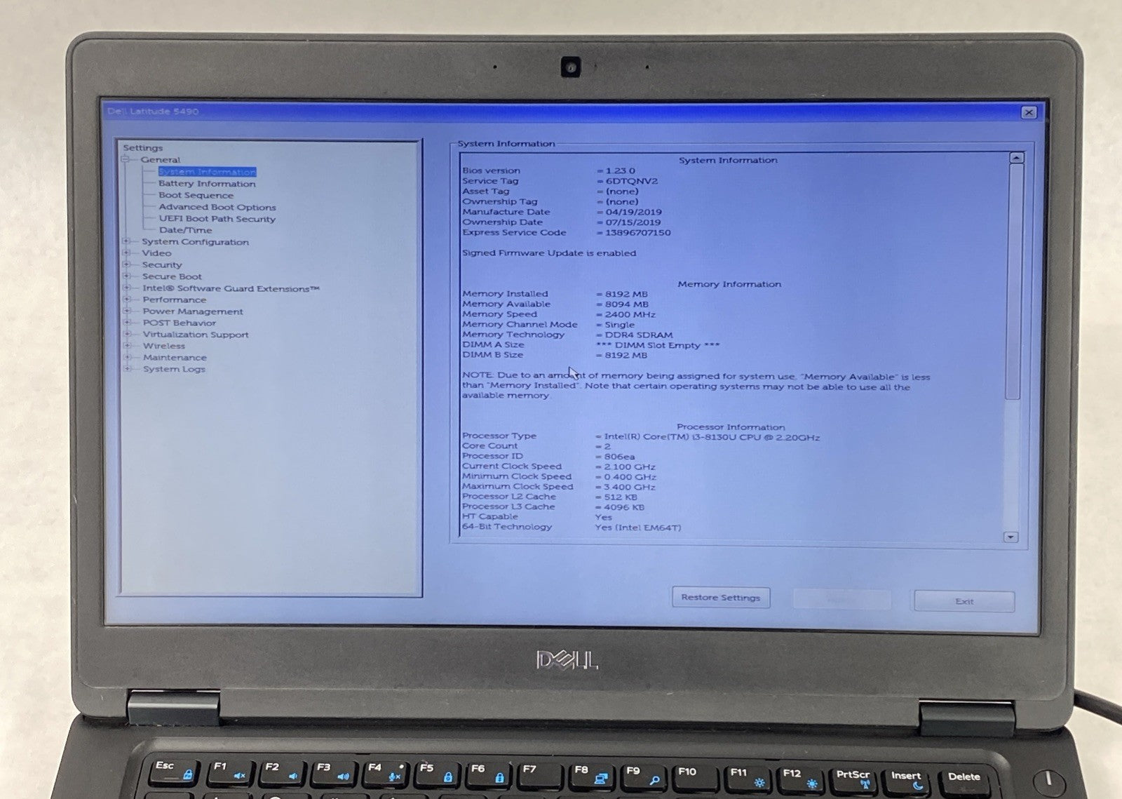 Dell Latitude 5490 Core i3-8130U 2.20 GHz 8 GB RAM 14" No HDD No OS