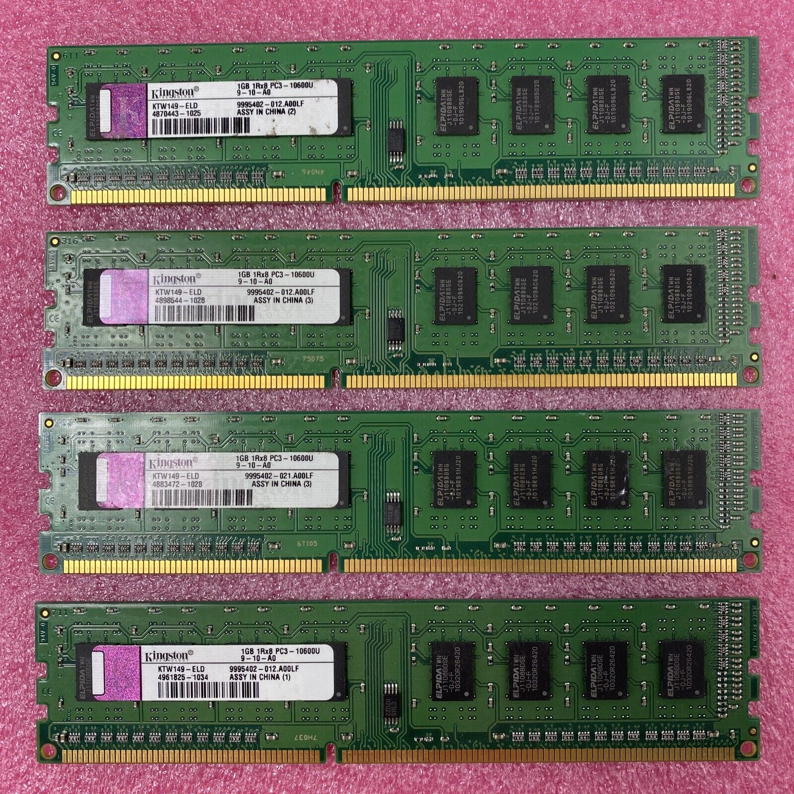 Lot ( 4 ) 1GB Kingston KTW149-ELD Desktop Memory PC3-10600U DDR3 1RX8