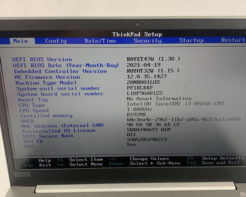 Lenovo Thinkpad E590 15.6" Laptop I7-8565U 1.80 GHZ 8 GB RAM No OS/HDD/AC/CMOS