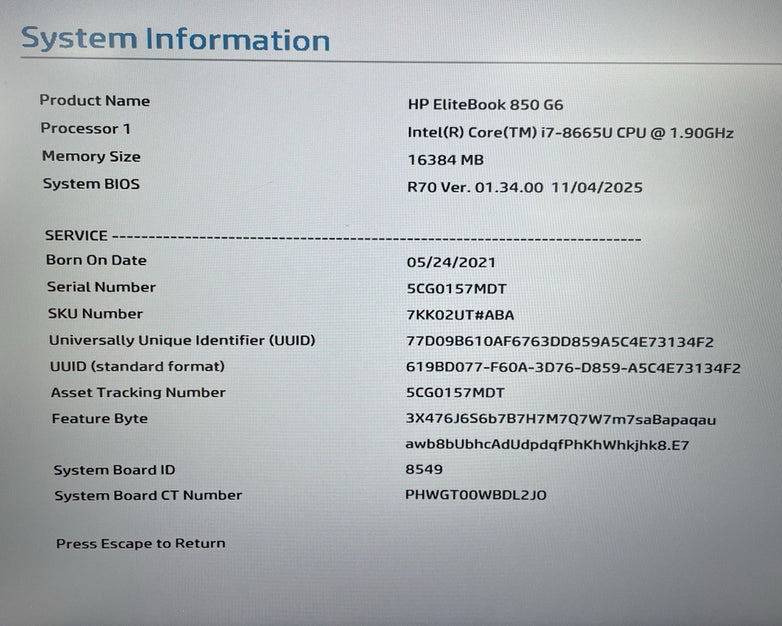HP EliteBook 850 G6 15.6" i7-8665U 1.90 GHz 16 GB RAM No SSD/OS/AC - READ