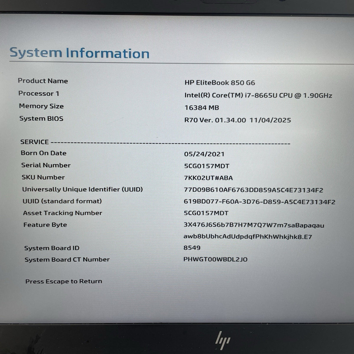 HP EliteBook 850 G6 15.6" i7-8665U 1.90 GHz 16 GB RAM No SSD/OS/AC - READ3