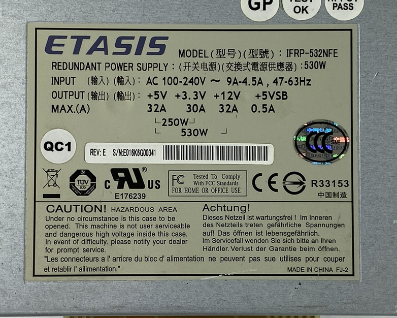 ETASIS IFRP-532NFE 100-240V 530W Power Supply