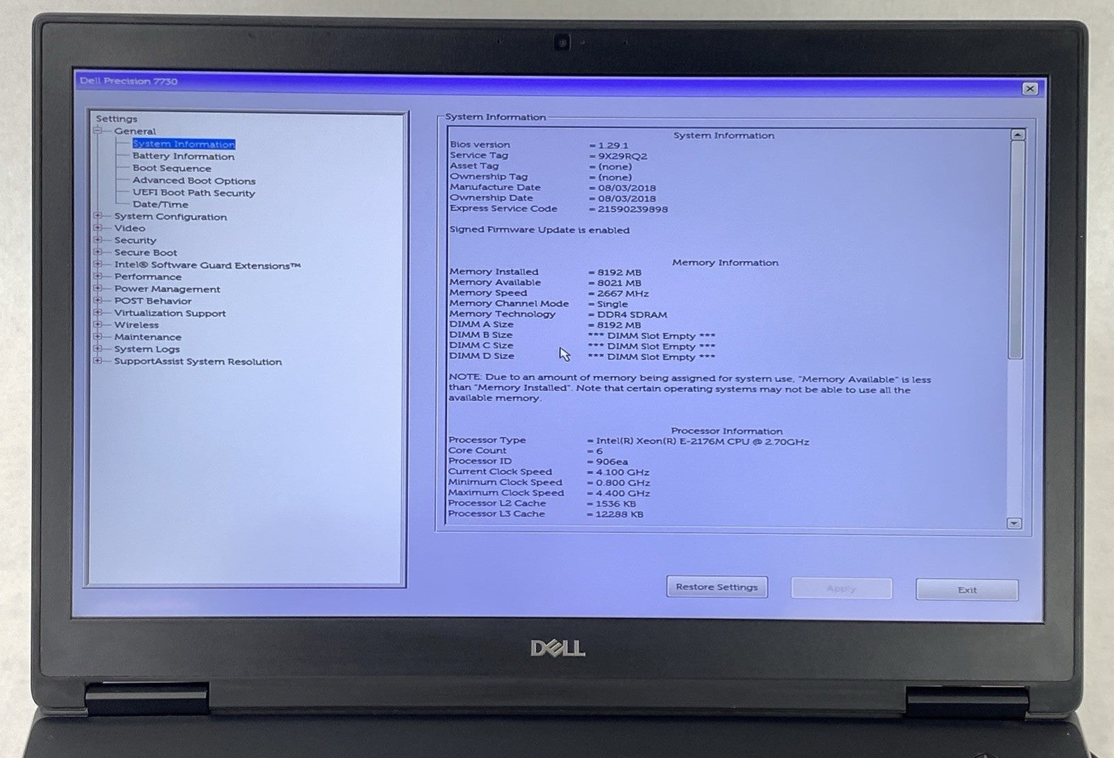Dell Precision 7730 Intel Xeon E-2176M 2.70 GHz 8 GB RAM 17.3" No HDD No OS