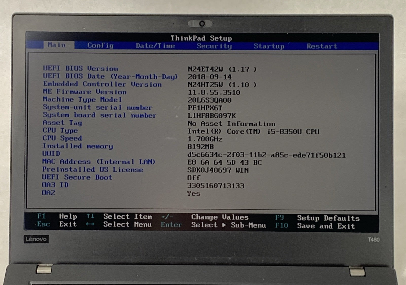 Lenovo ThinkPad T480 Core i5-8350U 1.70 GHz 8 GB RAM 14" No Battery No HDD No OS
