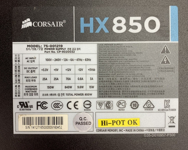 Corsair HX850 75-001219 CP-9020032 850W Power Supply - No Peripheral Cables