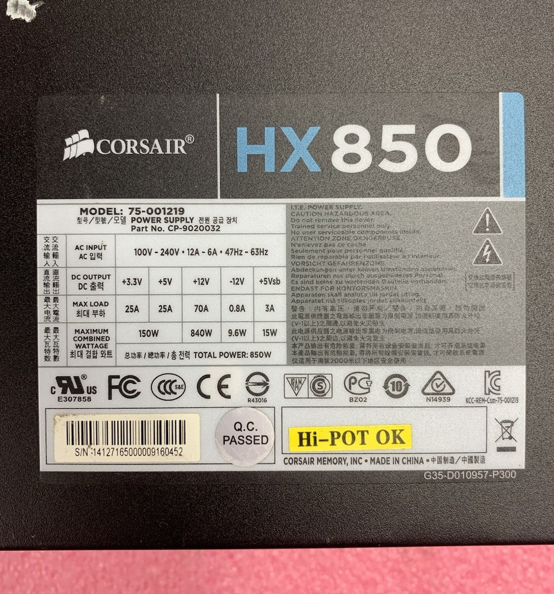 Corsair HX850 75-001219 CP-9020032 850W Power Supply - No Peripheral Cables6