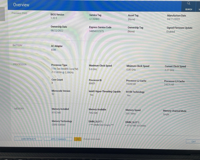 Dell Precision 5560 15.6" i7-11800H 2.30 GHz 8 GB RAM No SSD/OS/AC/Batt