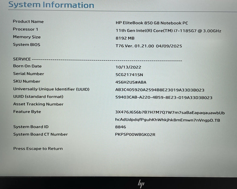HP EliteBook 850 G8 15.6" i7-1185G7 3.00 GHz 8 GB RAM No SSD/OS/AC/Batt - Stain