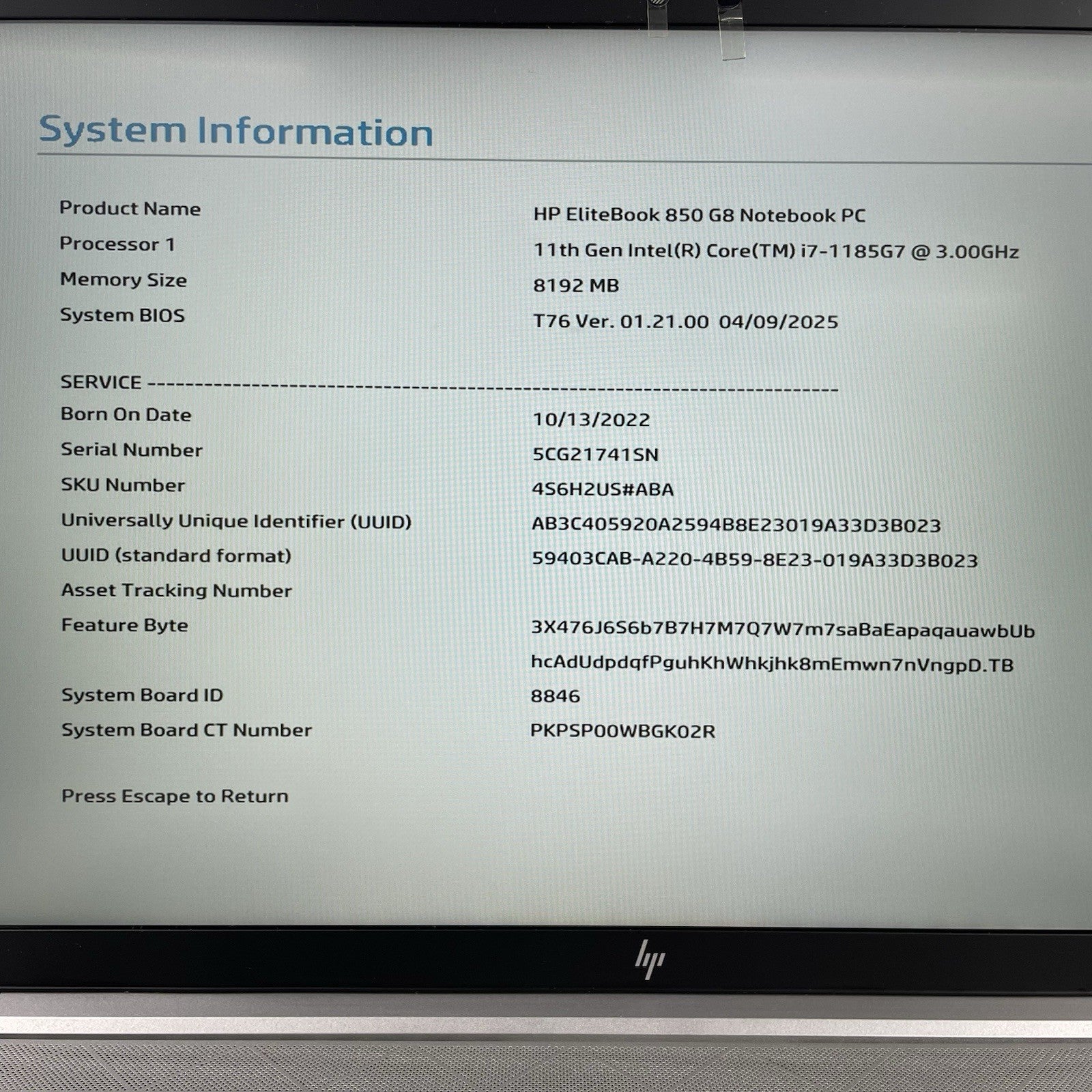 HP EliteBook 850 G8 15.6" i7-1185G7 3.00 GHz 8 GB RAM No SSD/OS/AC/Batt - Stain3
