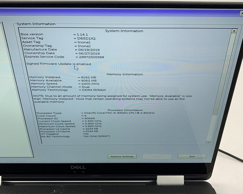 Dell XPS 15 9575 2-in-1 15.6" i5-8305G 2.8 GHz 8 GB Ram No OS No HDD No Batt