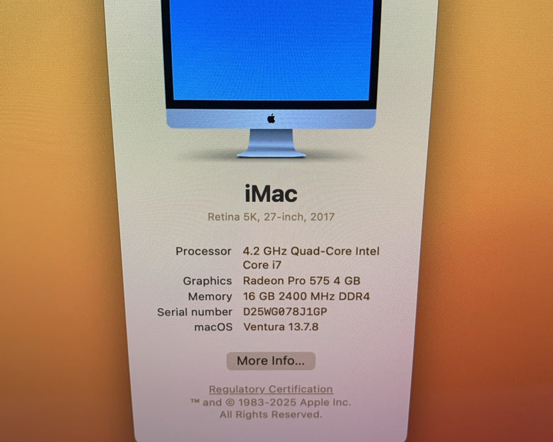 Apple iMac A1419 2017 27" Retina 5k 4.2GHz i7 16GB RAM 250GB SSD 13.7.8 Ventura