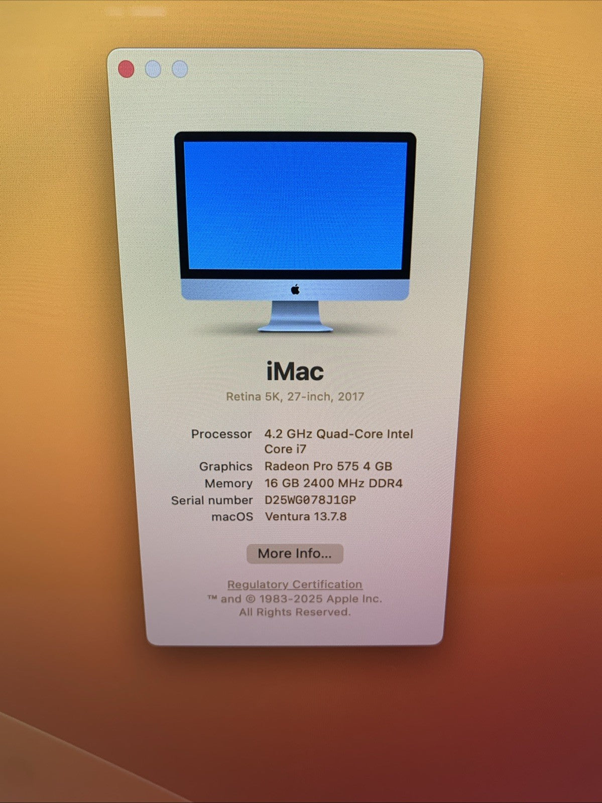 Apple iMac A1419 2017 27" Retina 5k 4.2GHz i7 16GB RAM 250GB SSD 13.7.8 Ventura1