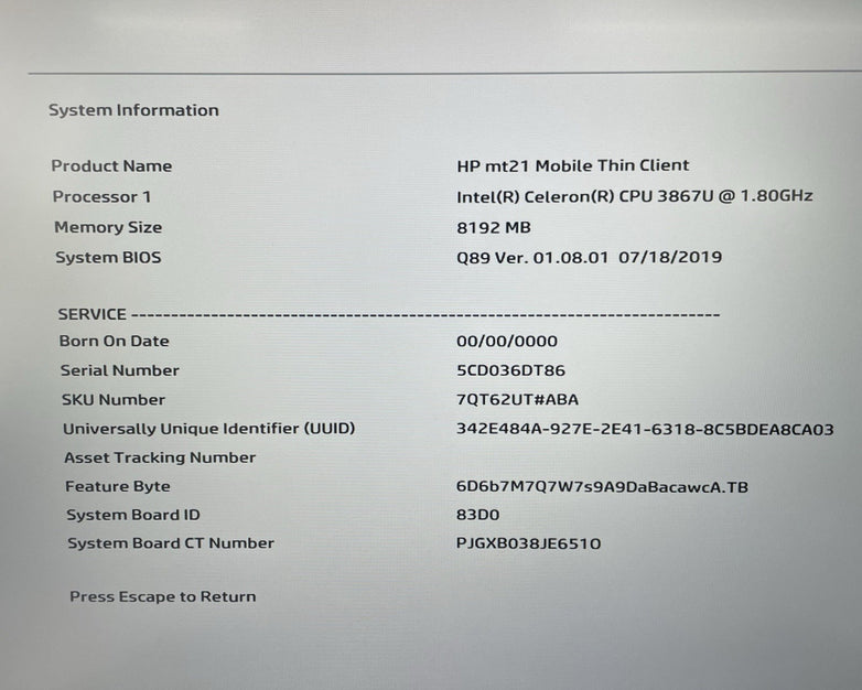HP mt21 14" Celeron 3867U 1.80 GHz 4 GB RAM No SSD/OS/AC - USB