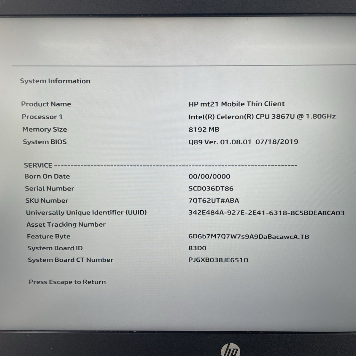 HP mt21 14" Celeron 3867U 1.80 GHz 4 GB RAM No SSD/OS/AC - USB3