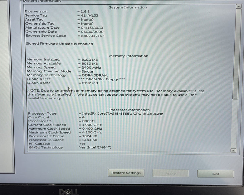 Dell Latitude 7400 14" i5-8365U 1.60 GHz 8 GB RAM No SSD/OS/AC