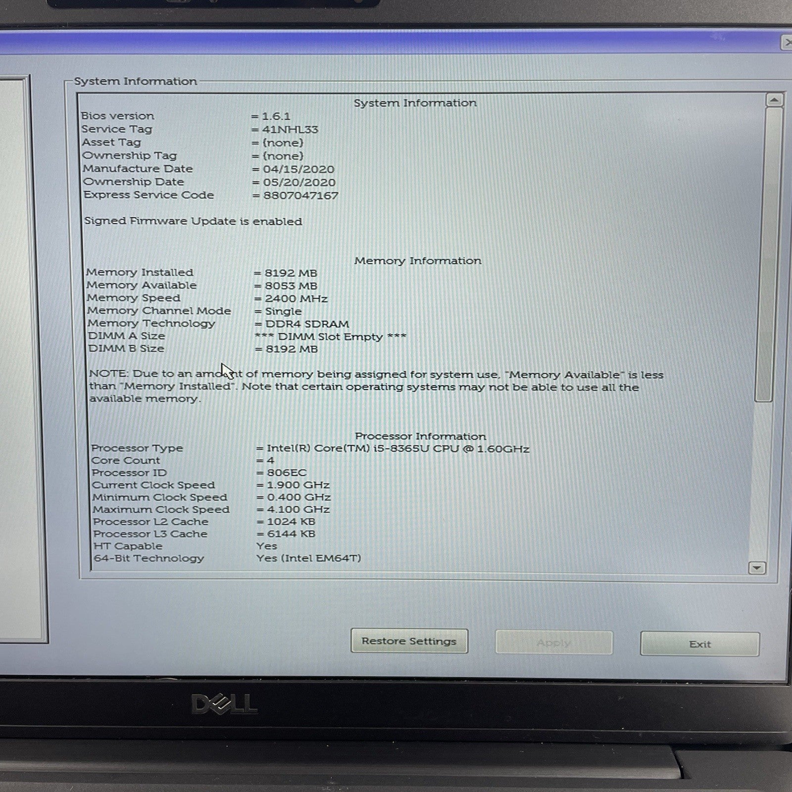 Dell Latitude 7400 14" i5-8365U 1.60 GHz 8 GB RAM No SSD/OS/AC2