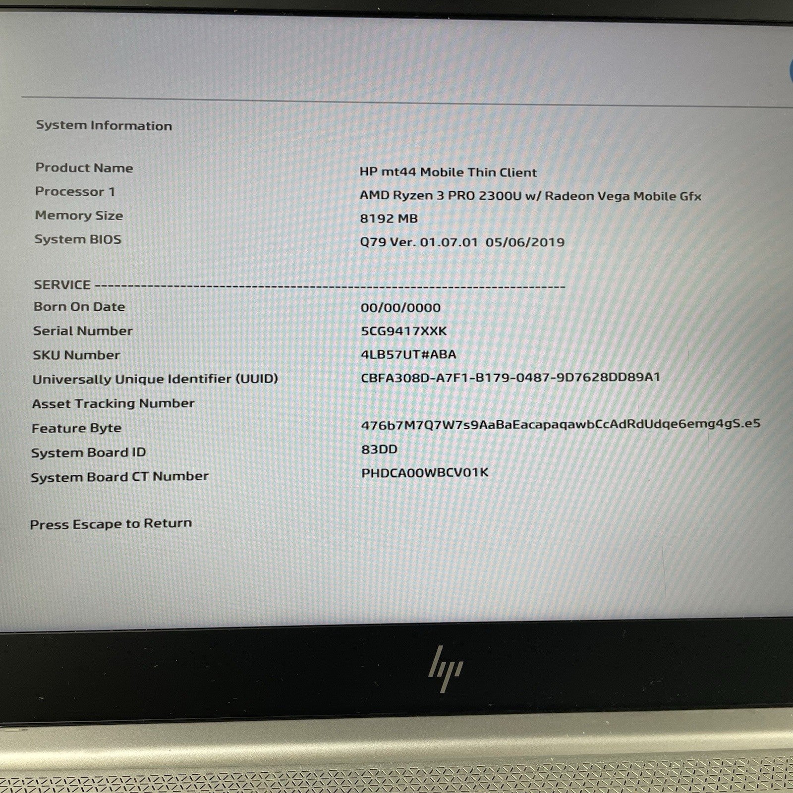 HP mt44 Client 14" AMD Ryzen 3 Pro 2300U 2.00 GHz 8 GB RAM No SSD/AC/OS/Batt4