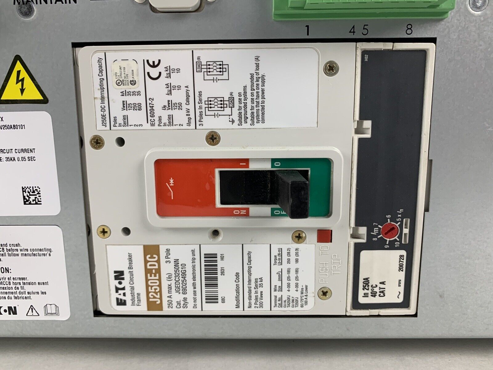 Eaton UCB600V250AB0101 Battery Control Box 600VDC 250A w/ J250E-DC Trip Breaker