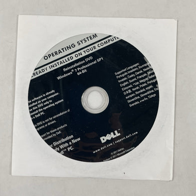 Dell Windows 7 Pro Professional SP1 64 Bit DVD Reinstallation COA 0KJX6D
