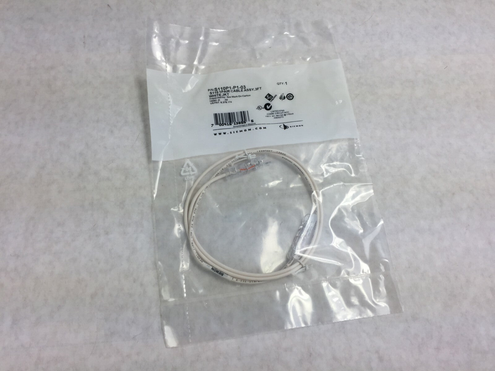 Seimens S110 Cable Assy  3 ft  S110P1-P1-03  White