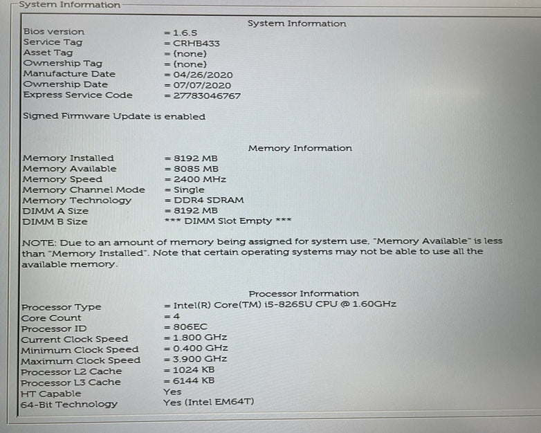Dell Latitude 5500 15.6" i5-8265U 1.60 GHz 8 GB RAM No SSD/OS/AC - Bad Edge