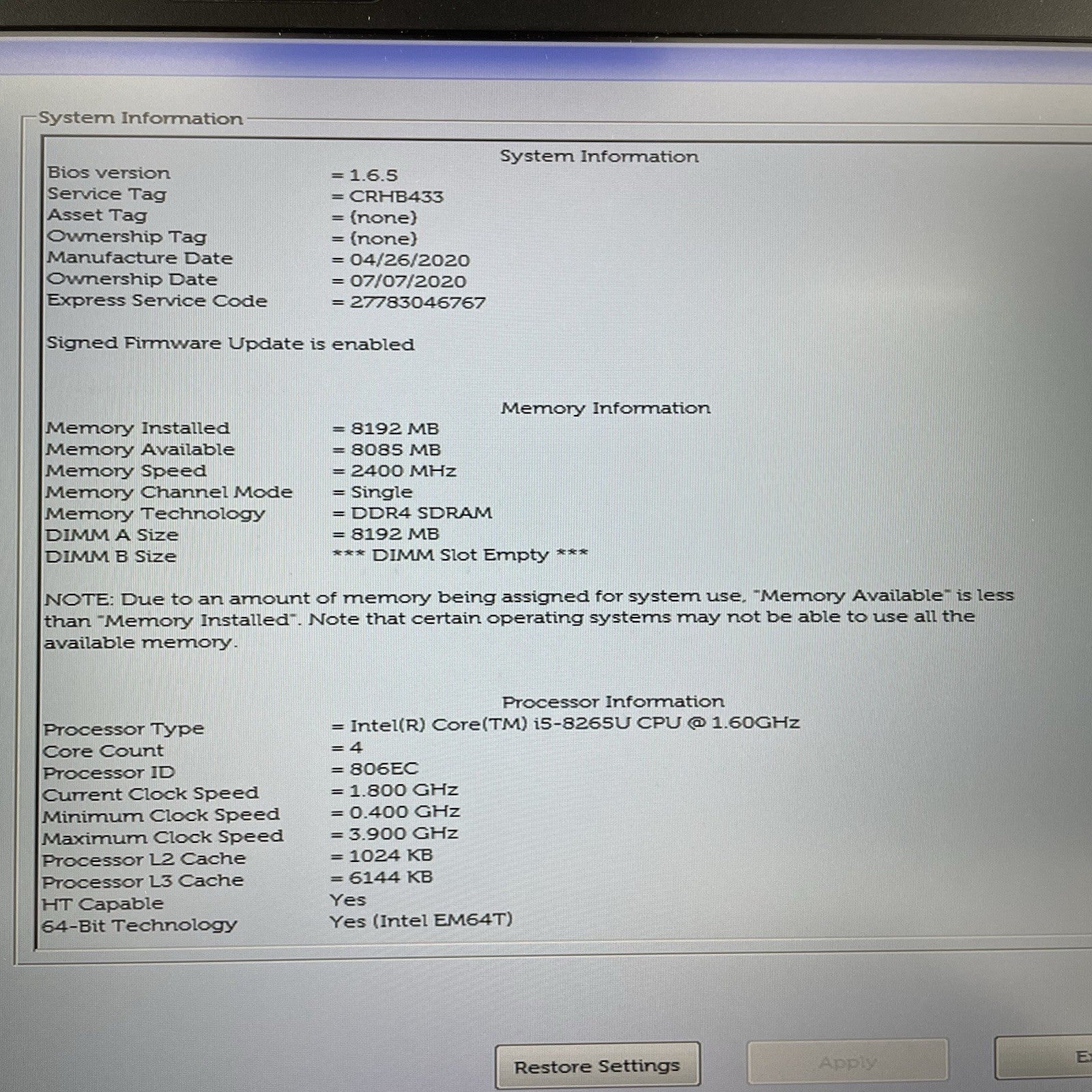 Dell Latitude 5500 15.6" i5-8265U 1.60 GHz 8 GB RAM No SSD/OS/AC - Bad Edge4