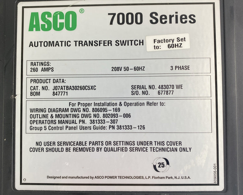 ASCO 700 Series Automatic Transfer Switch Untested