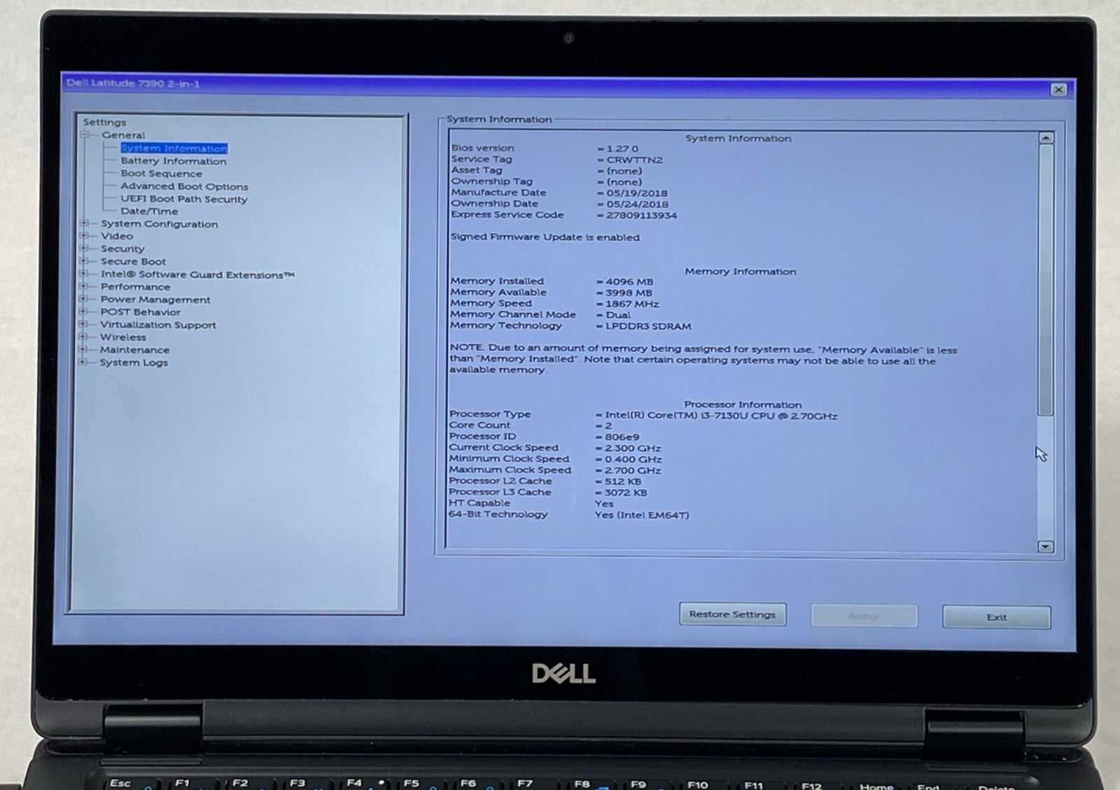 Dell Latitude 7390 2 in 1 13.3" Touch i3-7130U 2.7 GHz 4GB RAM No Battery/HDD/OS