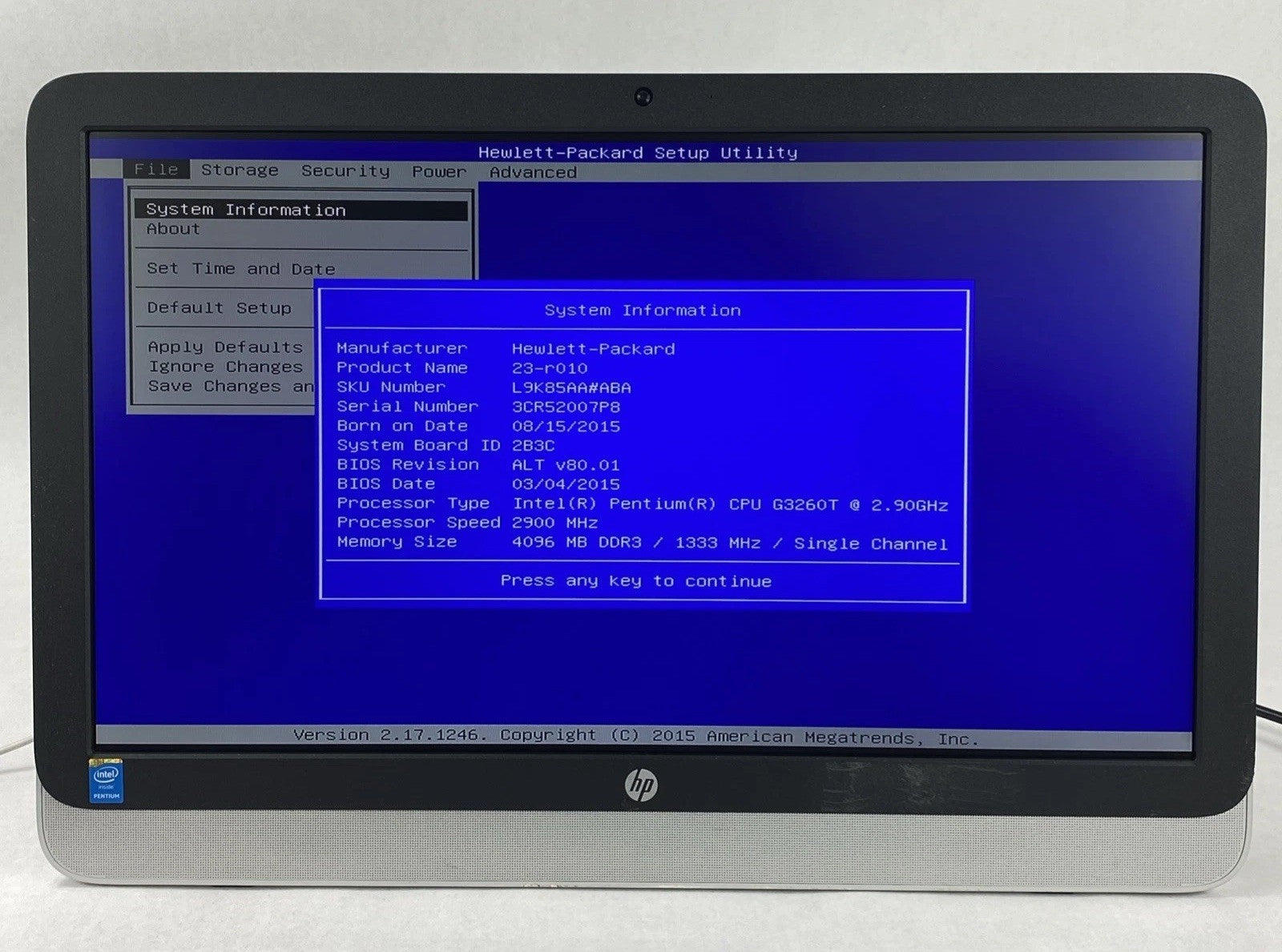 HP 23-r010 AIO Intel Pentium G3260T 2.9GHz 4GB No HDD No OS