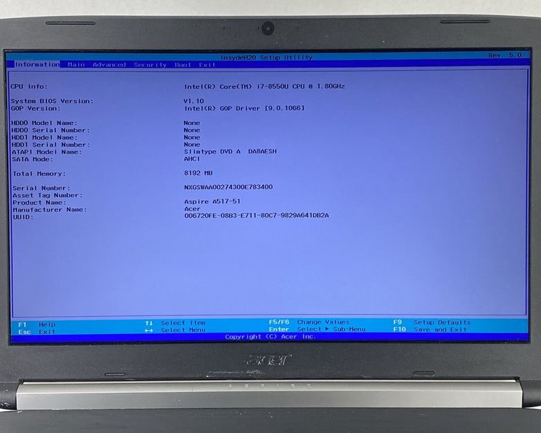 Acer Aspire A517-51 Core i7-8550U 1.8 GHz 8 GB RAM 17.3" No Battery No HDD No OS