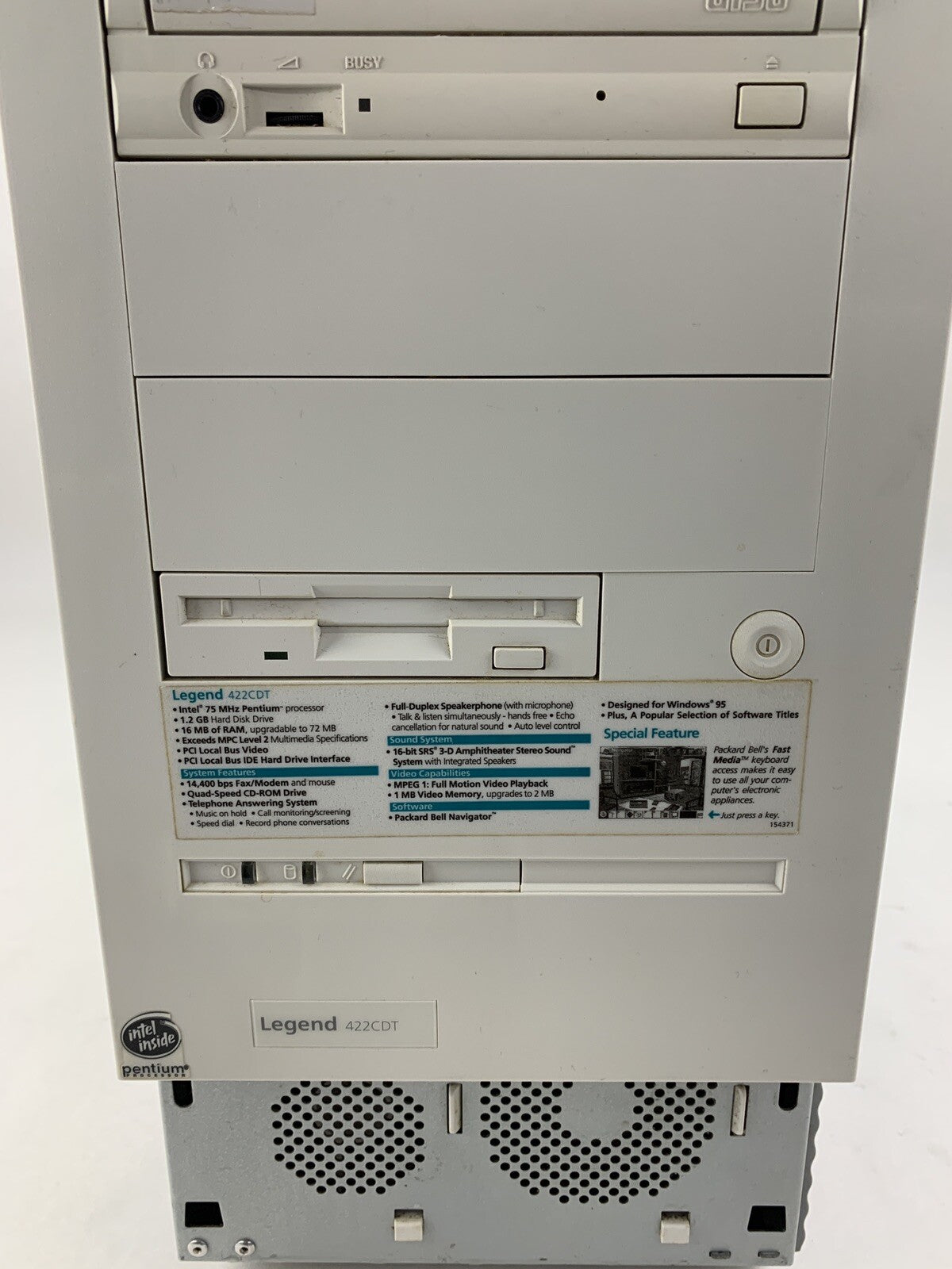 Packard Bell Legend 422CDT Vintage PC Pentium 120 MHz 16 MB Ram No OS No HDD