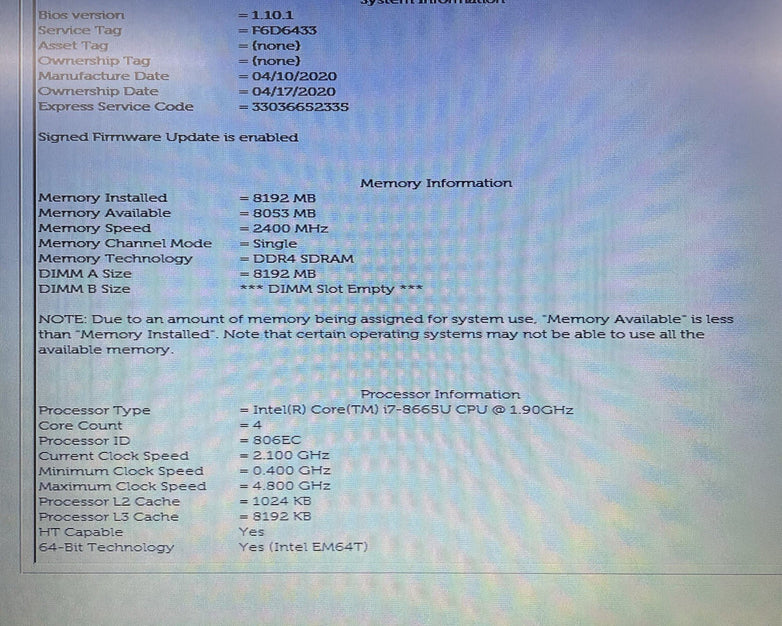Dell Latitude 5400 14" i7-8665U 1.90 GHz 8 GB RAM No SSD/OS/AC