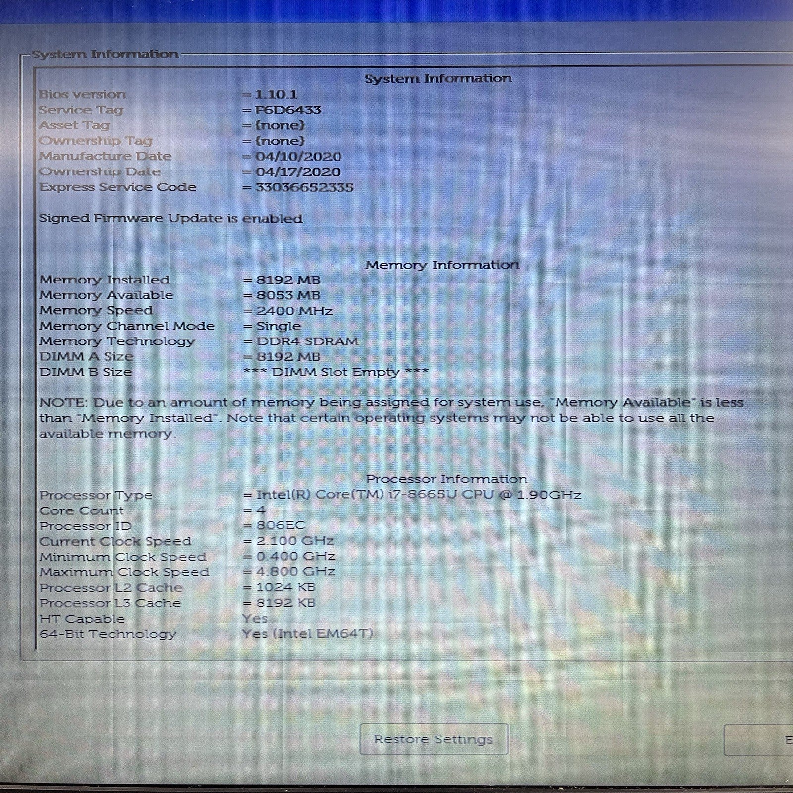 Dell Latitude 5400 14" i7-8665U 1.90 GHz 8 GB RAM No SSD/OS/AC2