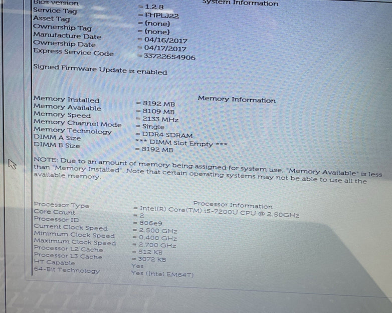 Dell Inspiron 5567 15.6" i5-7200U 2.50 GHz 8 GB RAM No SSD/OS/AC