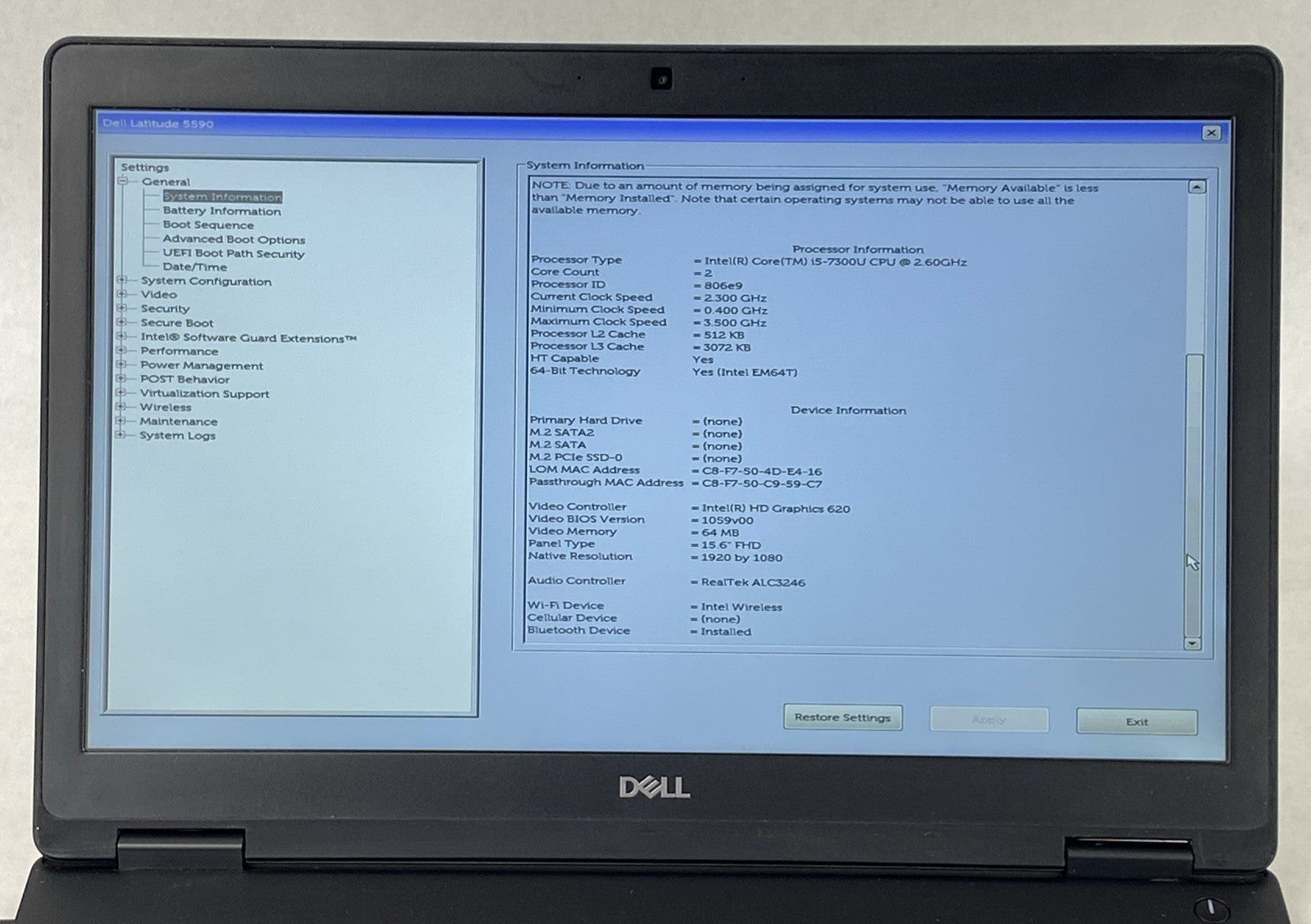 Dell Latitude 5590 Intel Core i5-7300U 2.60 GHz 8 GB RAM 15.6" No HDD No OS