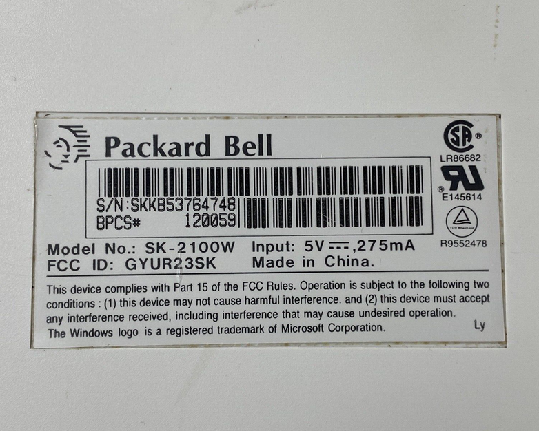Packard Bell Model SK-2100W PS/2 Keyboard For Parts or Repair