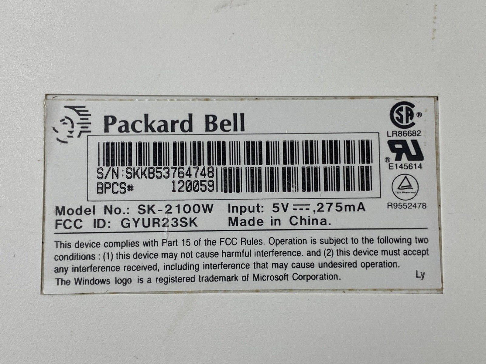 Packard Bell Model SK-2100W PS/2 Keyboard For Parts or Repair